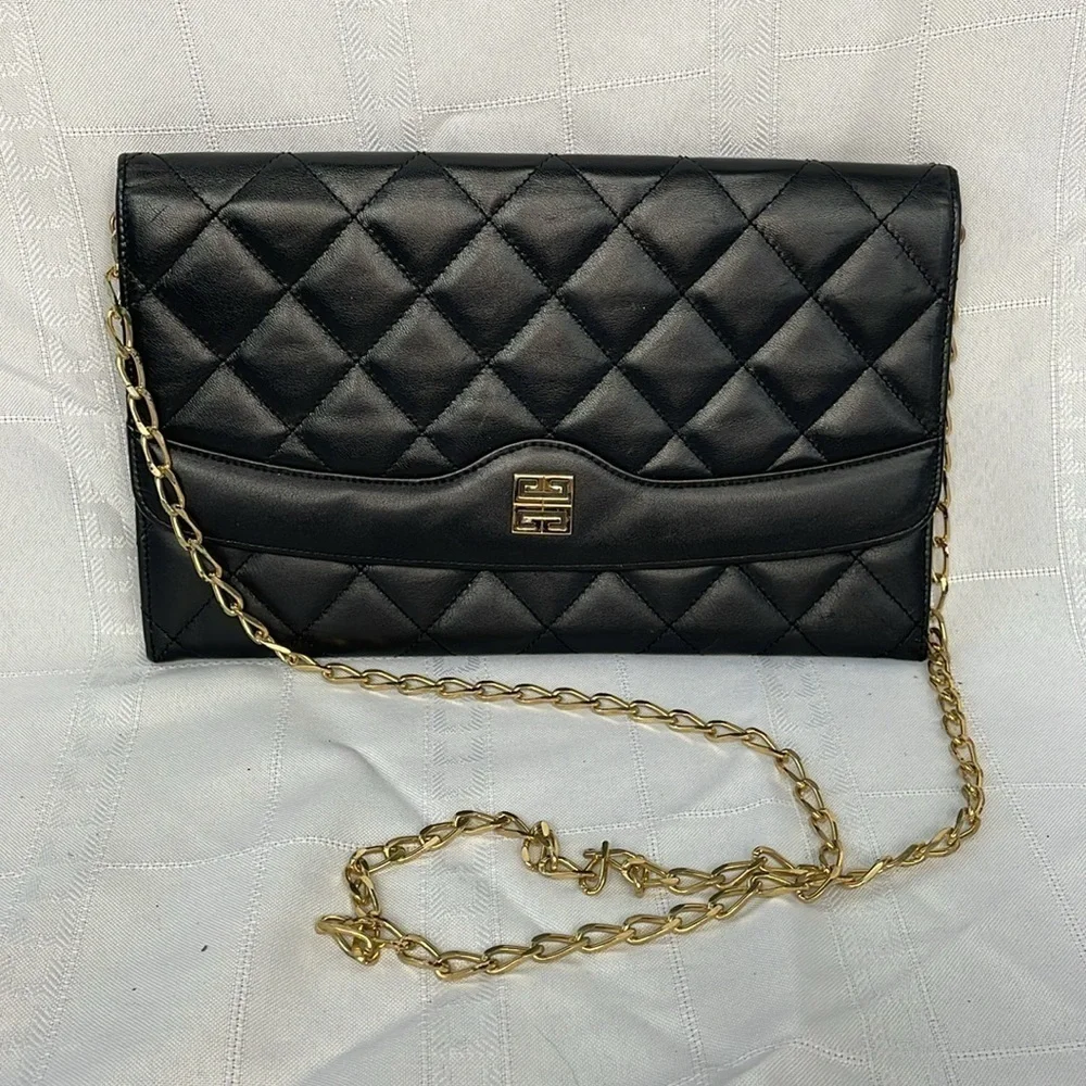 Givenchy Black Quilted Leather Flat Clutch Flap Bag on Chain Small Night Out